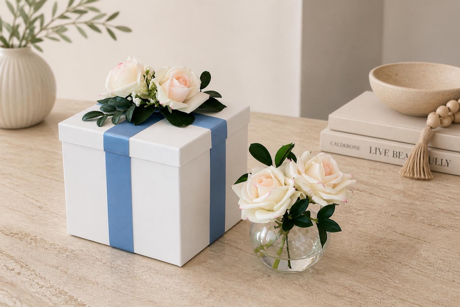 The Delphine Real Touch Rose Arrangement in Faux Water, Small Rose Centerpiece 7”, Glass Vase Decor, Home Decor Gift