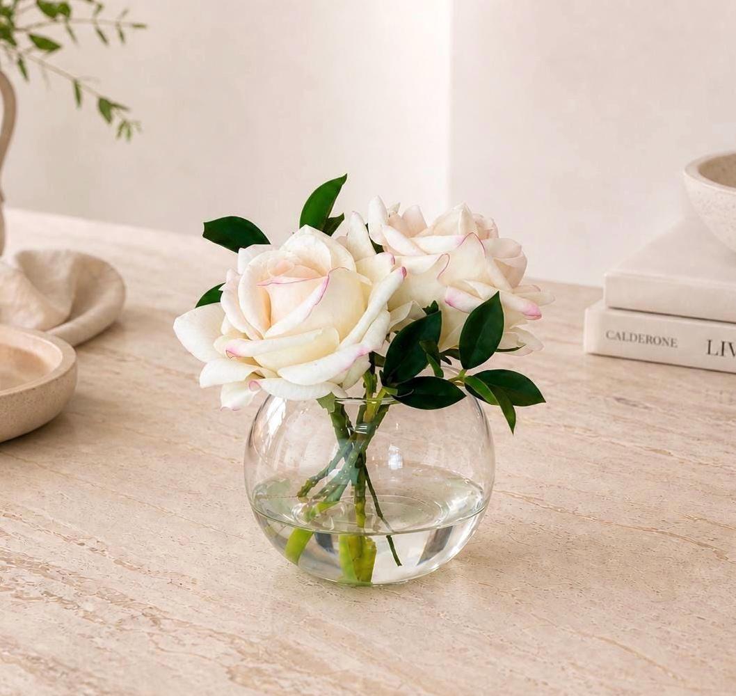 The Delphine Real Touch Rose Arrangement in Faux Water, Small Rose Centerpiece 7”, Glass Vase Decor, Home Decor Gift