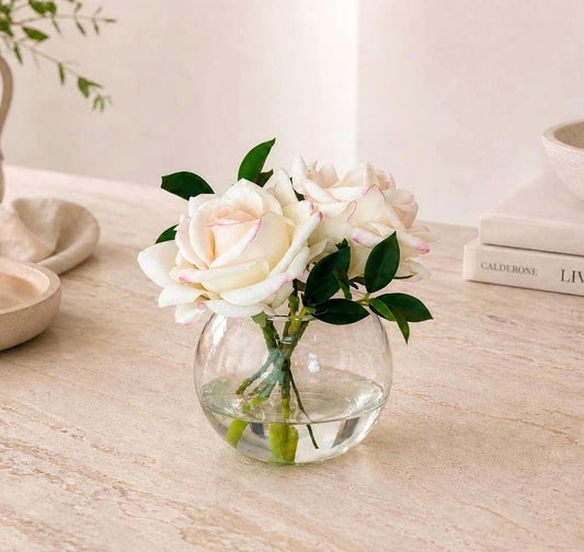 The Delphine Real Touch Rose Arrangement in Faux Water, Small Rose Centerpiece 7”, Glass Vase Decor, Home Decor Gift