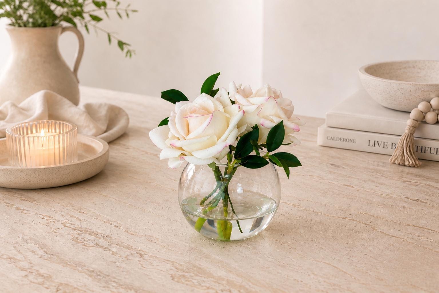 The Delphine Real Touch Rose Arrangement in Faux Water, Small Rose Centerpiece 7”, Glass Vase Decor, Home Decor Gift