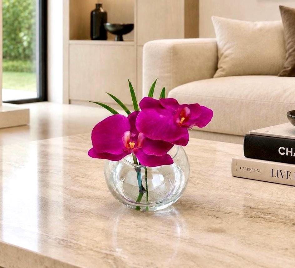 The Juliette Real Touch Fuchsia Orchid Arrangement in Faux Water, Small Orchid Centerpiece, 6” Floral Decor, Modern Home Accent, Gift