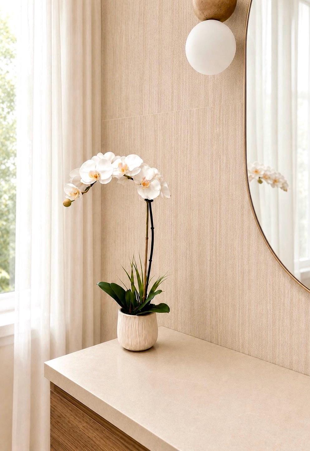 Real Touch White Orchid Arrangement in Textured Tan & Cream Ceramic Pot, 20” Tall Faux Orchid, Luxury Orchid Centerpiece, Modern Home Decor