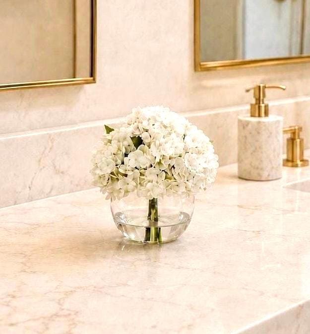 Real Touch White Hydrangea Arrangement: Faux Floral Centerpiece in Glass Bubble Vase