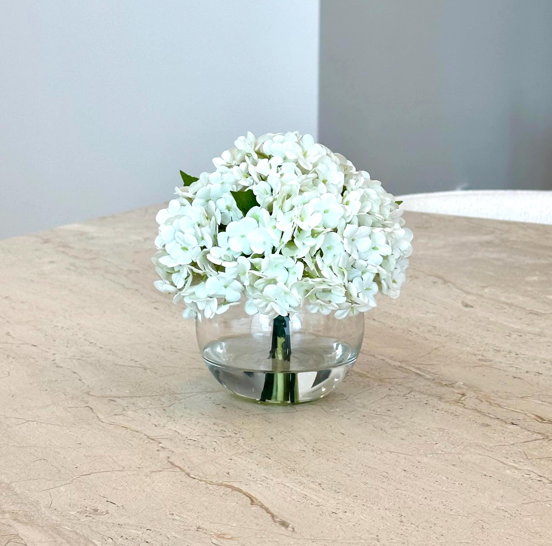Real Touch White Hydrangea Arrangement: Faux Floral Centerpiece in Glass Bubble Vase