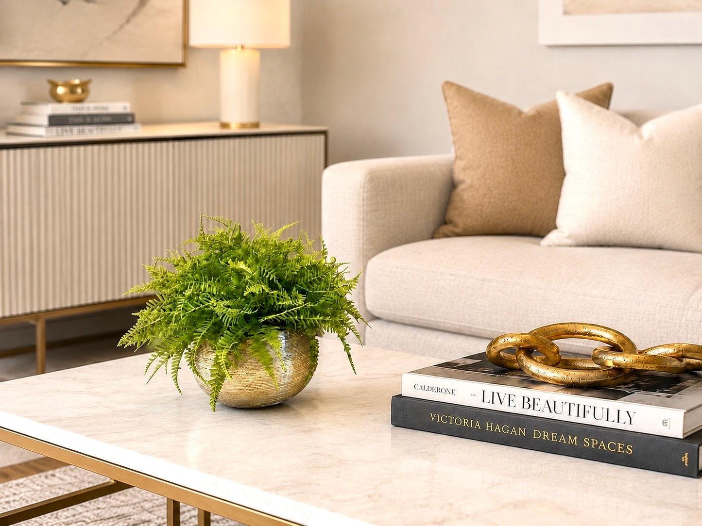Luxury Real Touch Fiddlehead Fern Arrangement, Ultra Realistic Faux Fern in Textured Gold Container, Modern Home Decor, Preserved Moss Base,