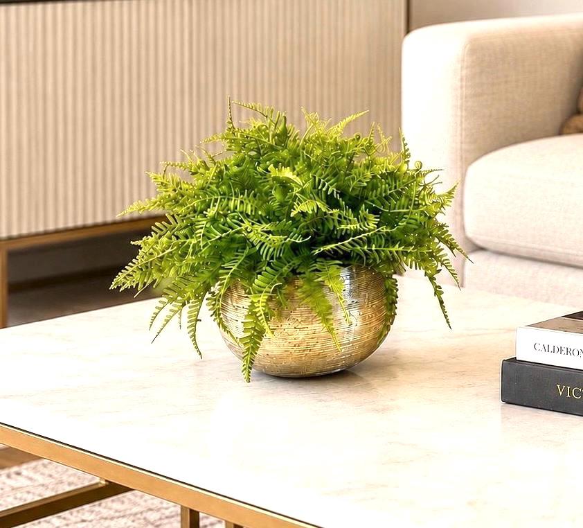 Luxury Real Touch Fiddlehead Fern Arrangement, Ultra Realistic Faux Fern in Textured Gold Container, Modern Home Decor, Preserved Moss Base,