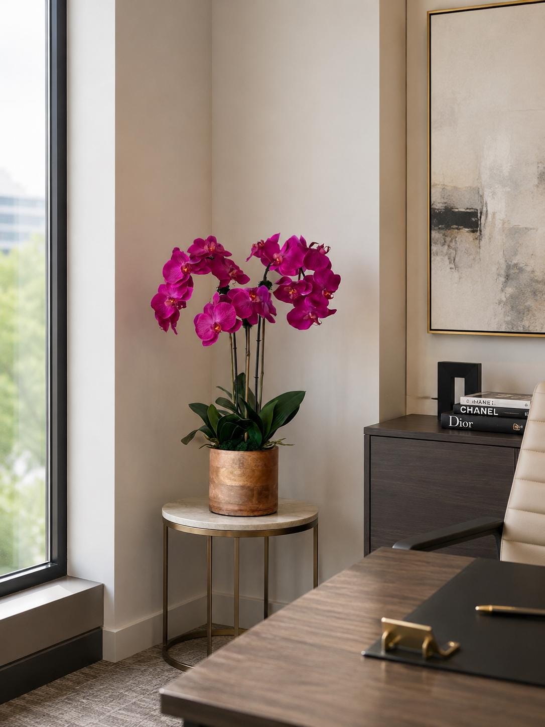 Real Touch Fuchsia Orchid Arrangement: Tall Faux Orchid Centerpiece Set In Wood Planter