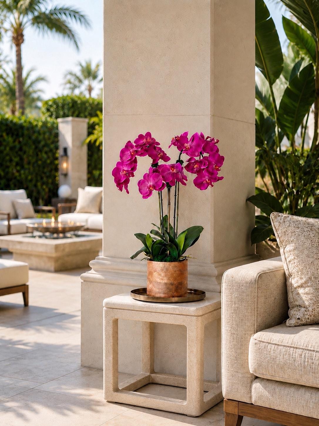 Real Touch Fuchsia Orchid Arrangement: Tall Faux Orchid Centerpiece Set In Wood Planter
