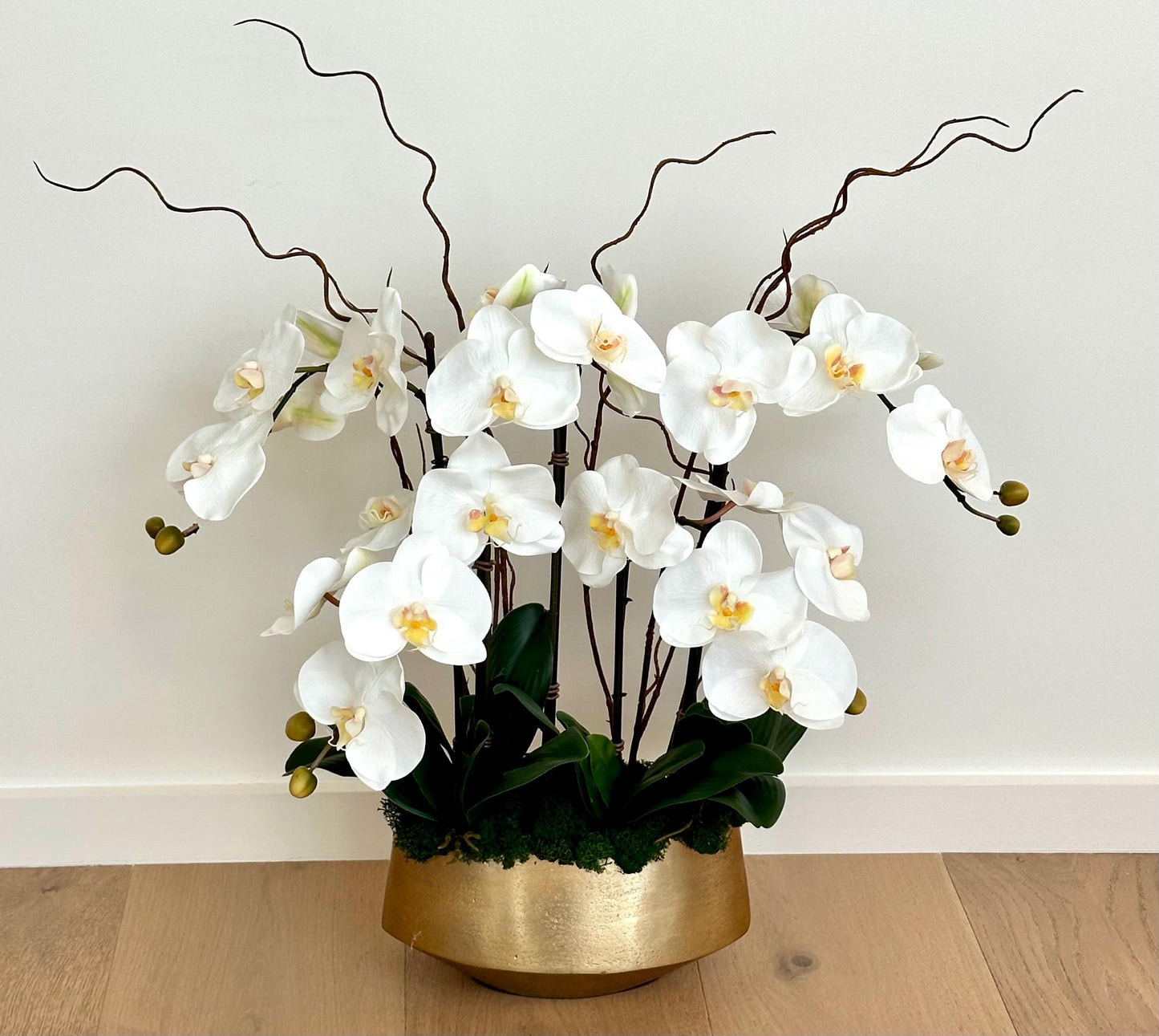 Real Touch White Orchid Centerpiece: Modern Gold Vase Arrangement