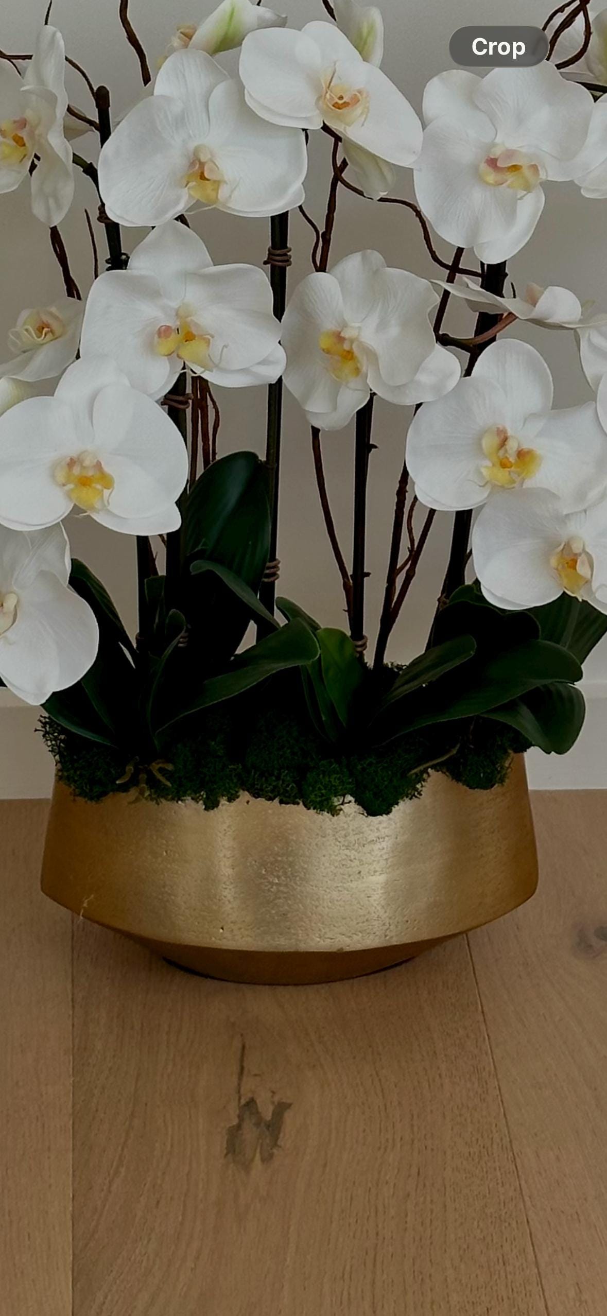 Real Touch White Orchid Centerpiece: Modern Gold Vase Arrangement