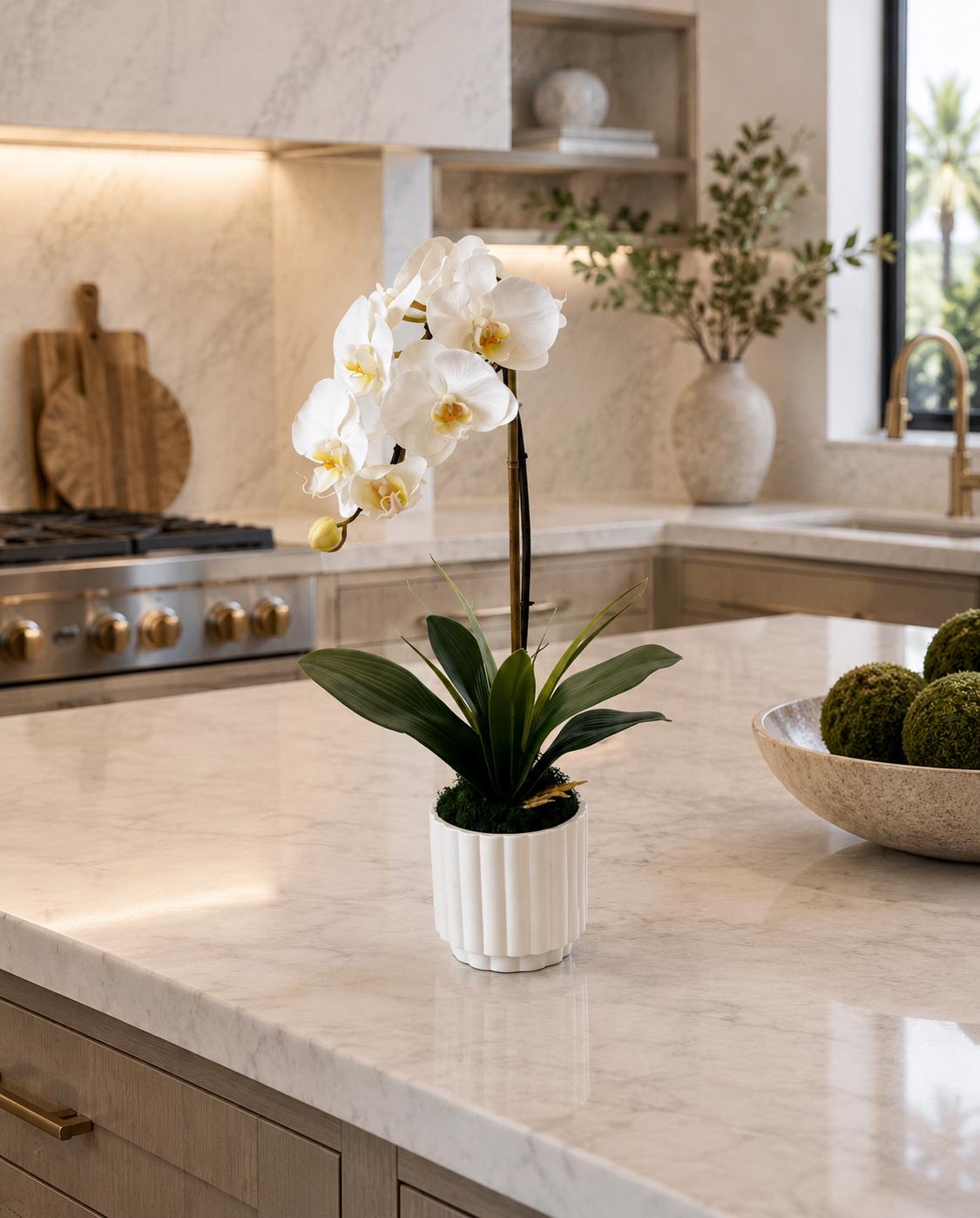 Real Touch White Orchid Arrangement in White Ceramic Pot, 18” Tall Faux Orchid, Luxury Orchid Centerpiece, Modern Home Decor