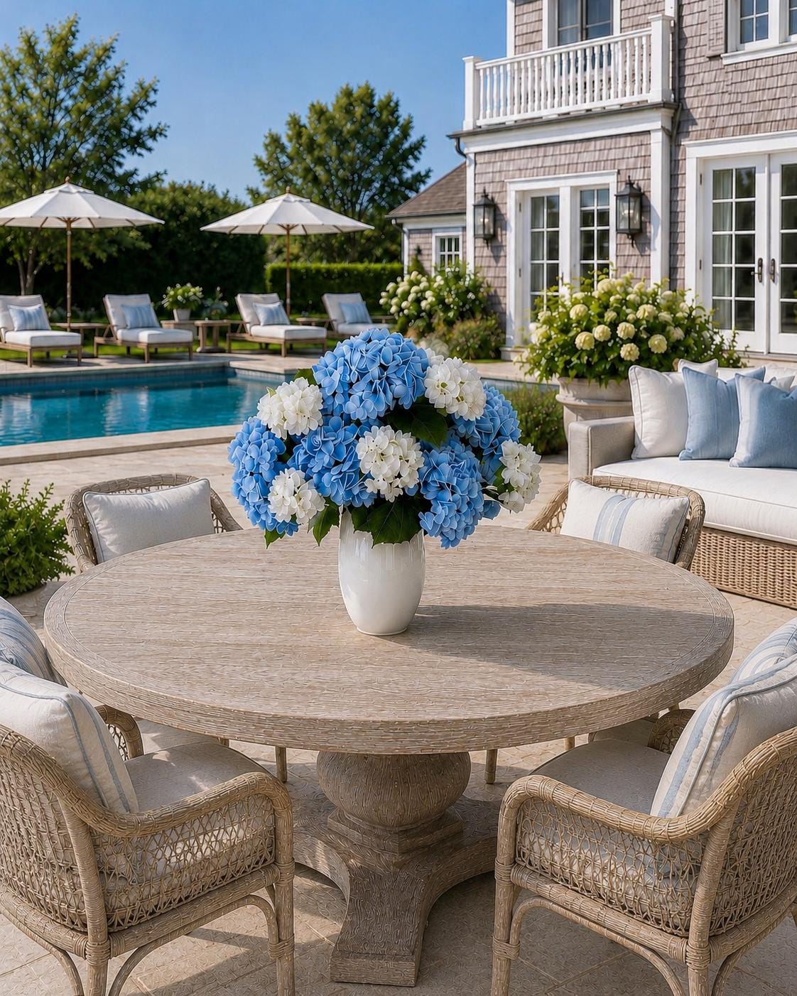 Luxury Real Touch Blue Hydrangea Arrangement | Large Hydrangeas | Coastal Centerpiece | Ivory Porcelain Vase | Faux Floral