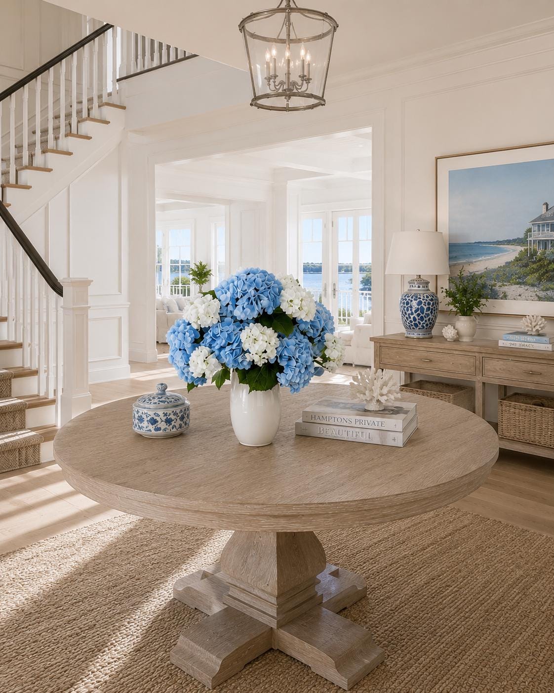 Luxury Real Touch Blue Hydrangea Arrangement | Large Hydrangeas | Coastal Centerpiece | Ivory Porcelain Vase | Faux Floral