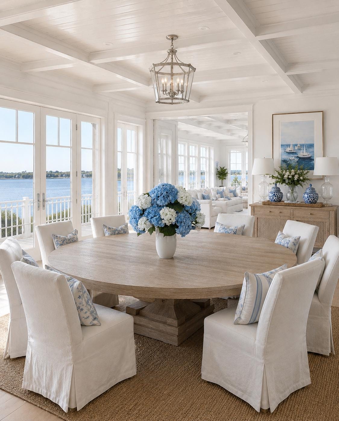 Luxury Real Touch Blue Hydrangea Arrangement | Large Hydrangeas | Coastal Centerpiece | Ivory Porcelain Vase | Faux Floral