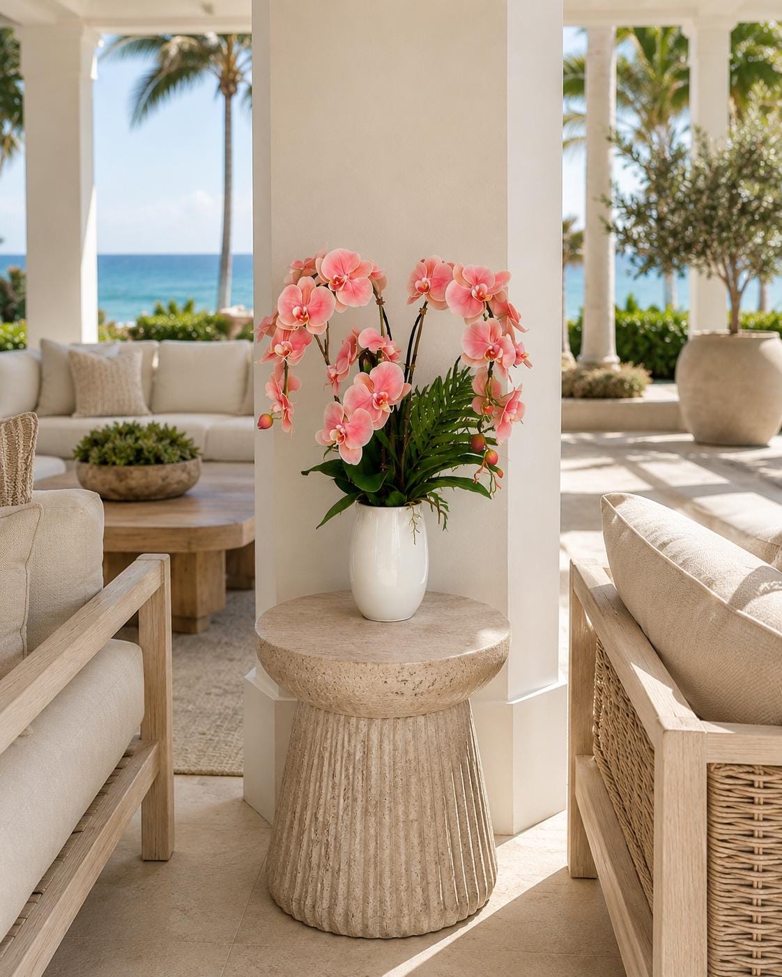 Large Coral Pink Real Touch Orchid Arrangement with Fern | Luxury Faux Orchid in Cream Ceramic Vase | Elegant Floral Centerpiece | Home Deco