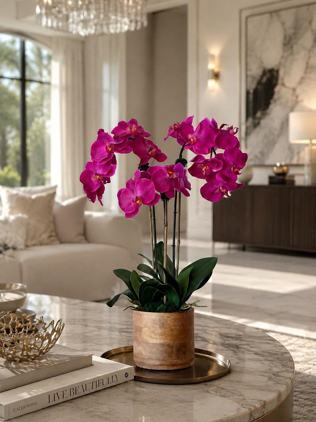 Real Touch Fuchsia Orchid Arrangement: Tall Faux Orchid Centerpiece Set In Wood Planter