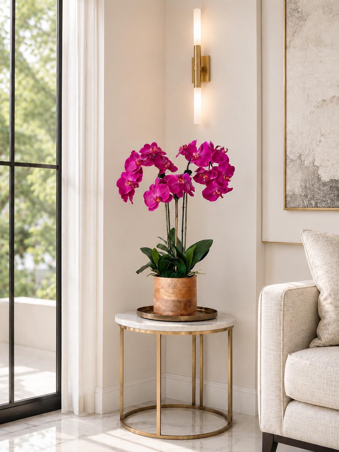 Real Touch Fuchsia Orchid Arrangement: Tall Faux Orchid Centerpiece Set In Wood Planter