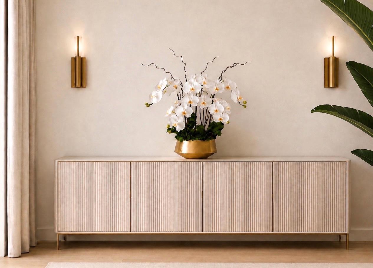 Real Touch White Orchid Centerpiece: Modern Gold Vase Arrangement