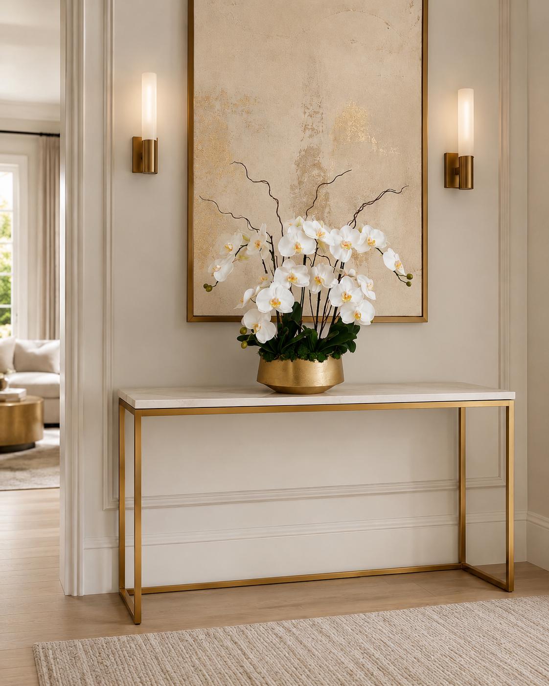 Real Touch White Orchid Centerpiece: Modern Gold Vase Arrangement