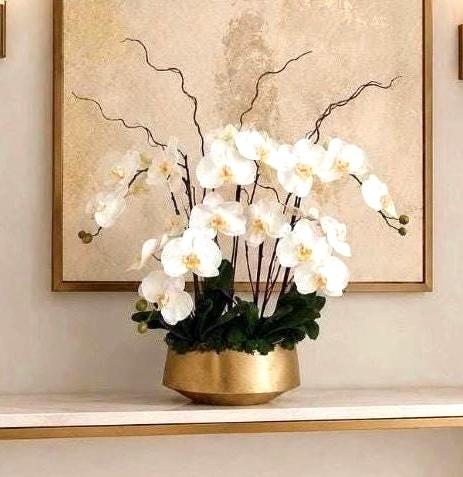 Real Touch White Orchid Centerpiece: Modern Gold Vase Arrangement
