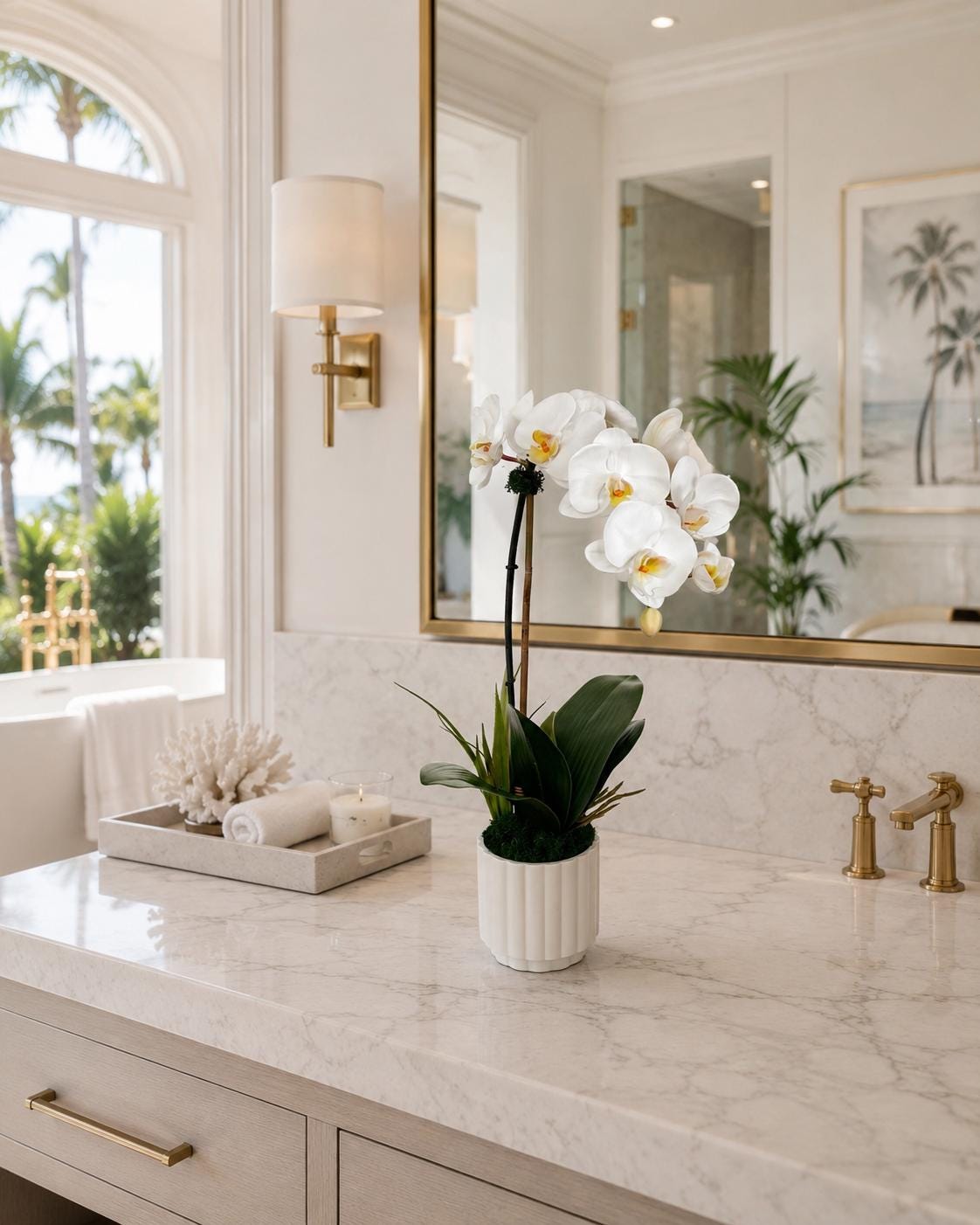 Real Touch White Orchid Arrangement in White Ceramic Pot, 18” Tall Faux Orchid, Luxury Orchid Centerpiece, Modern Home Decor