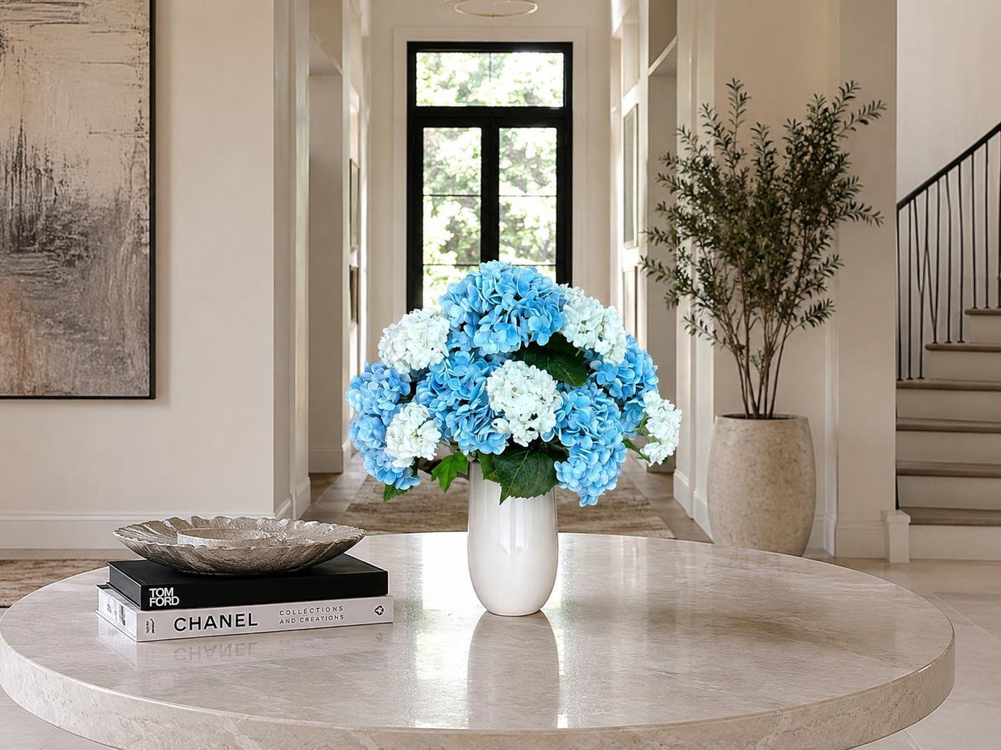 Luxury Real Touch Blue Hydrangea Arrangement | Large Hydrangeas | Coastal Centerpiece | Ivory Porcelain Vase | Faux Floral