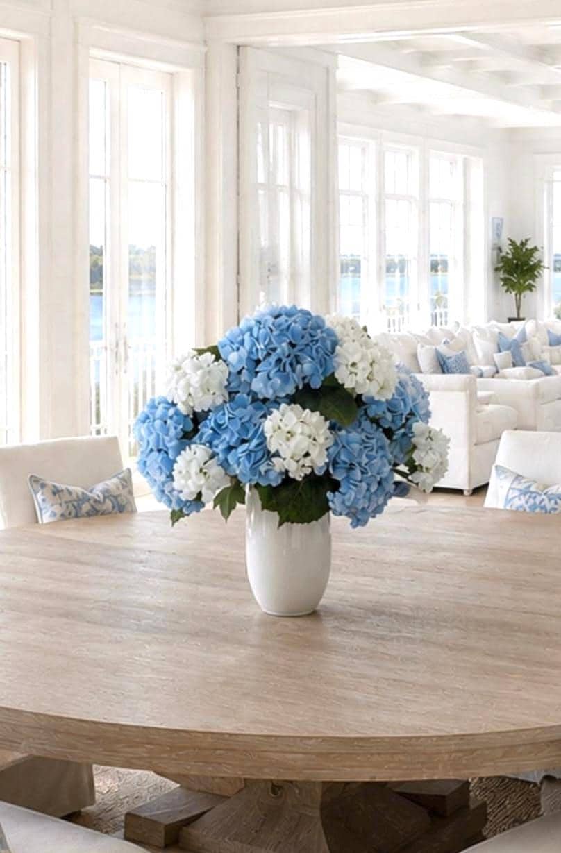 Luxury Real Touch Blue Hydrangea Arrangement | Large Hydrangeas | Coastal Centerpiece | Ivory Porcelain Vase | Faux Floral