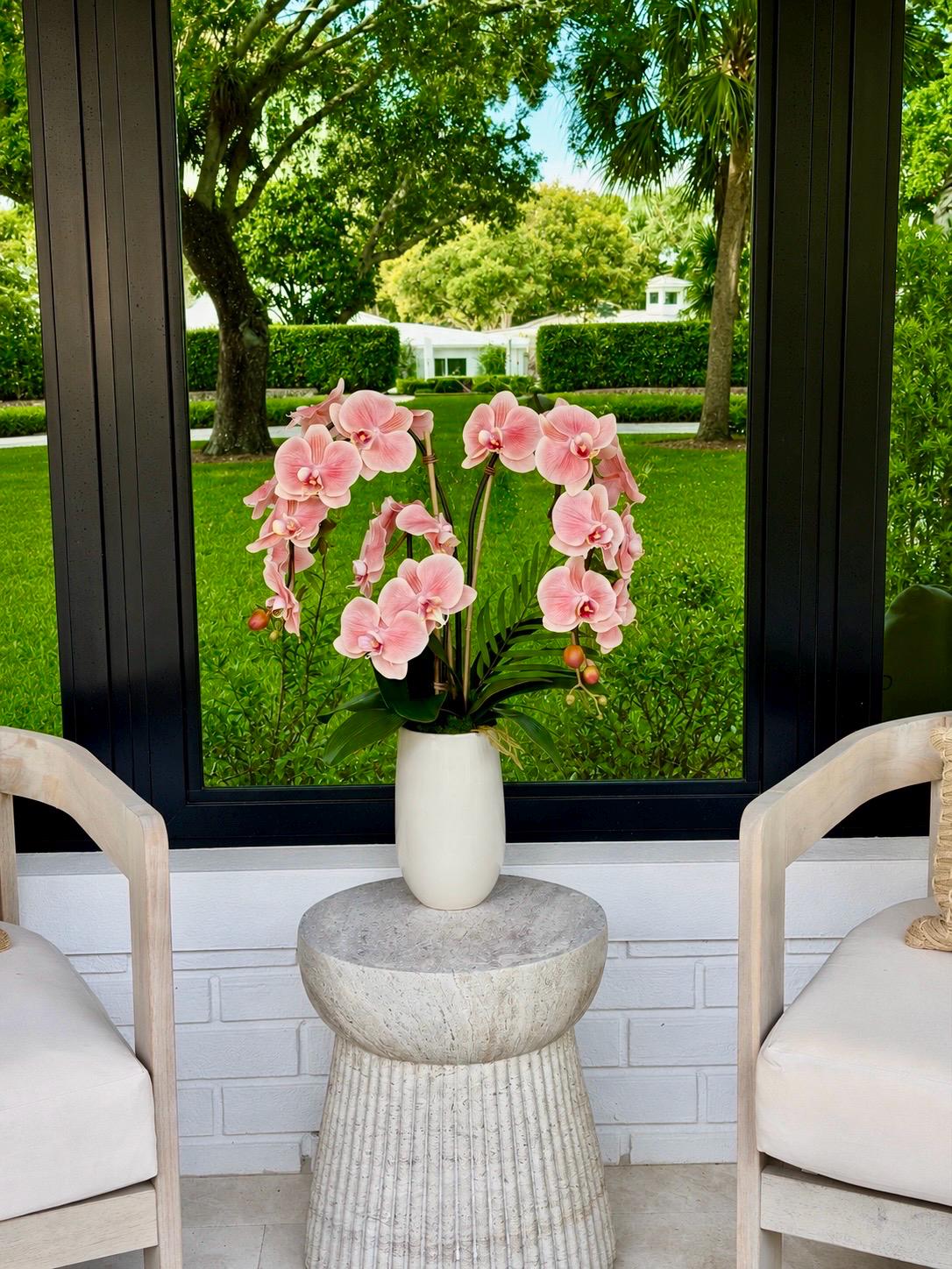 Large Coral Pink Real Touch Orchid Arrangement with Fern | Luxury Faux Orchid in Cream Ceramic Vase | Elegant Floral Centerpiece | Home Deco