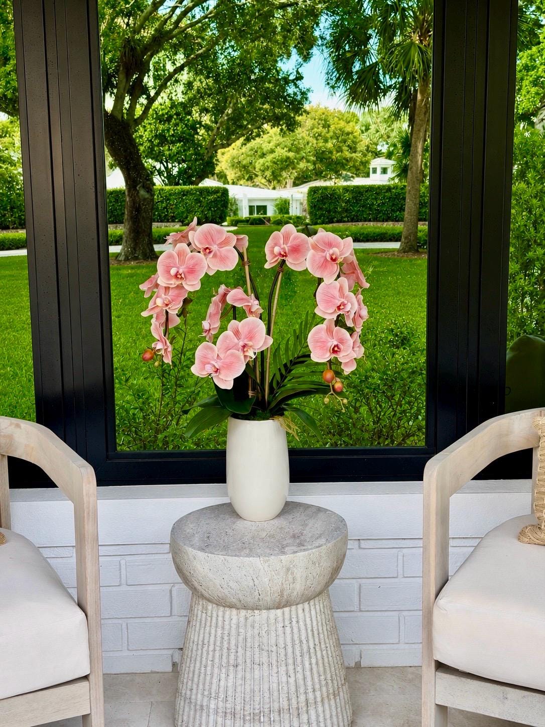 Large Coral Pink Real Touch Orchid Arrangement with Fern | Luxury Faux Orchid in Cream Ceramic Vase | Elegant Floral Centerpiece | Home Deco