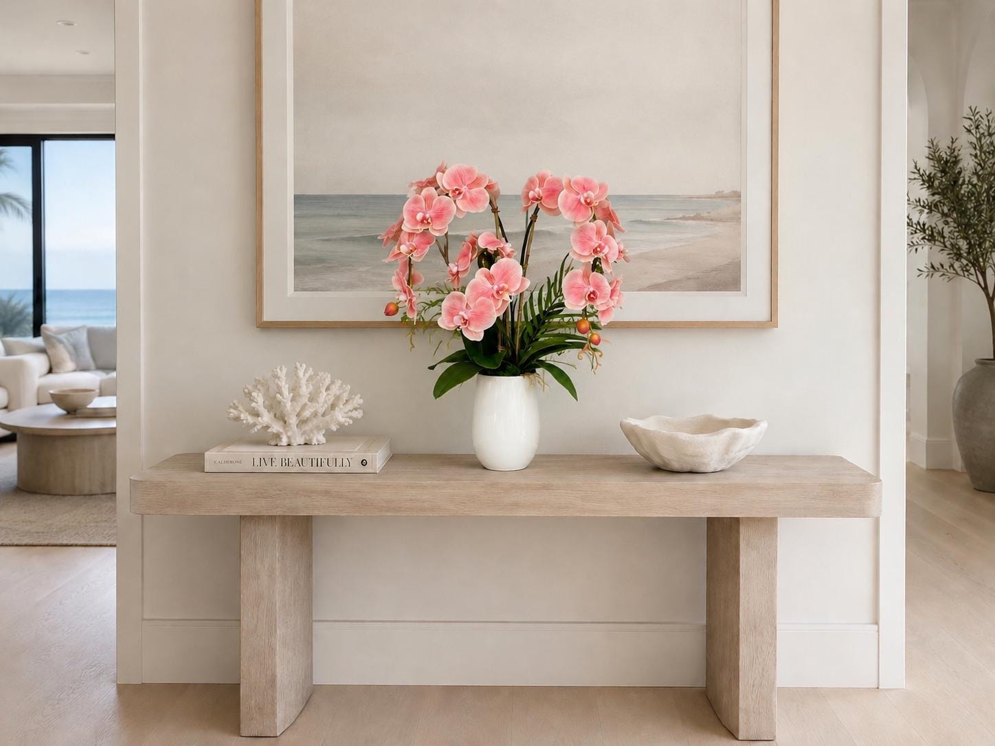 Large Coral Pink Real Touch Orchid Arrangement with Fern | Luxury Faux Orchid in Cream Ceramic Vase | Elegant Floral Centerpiece | Home Deco