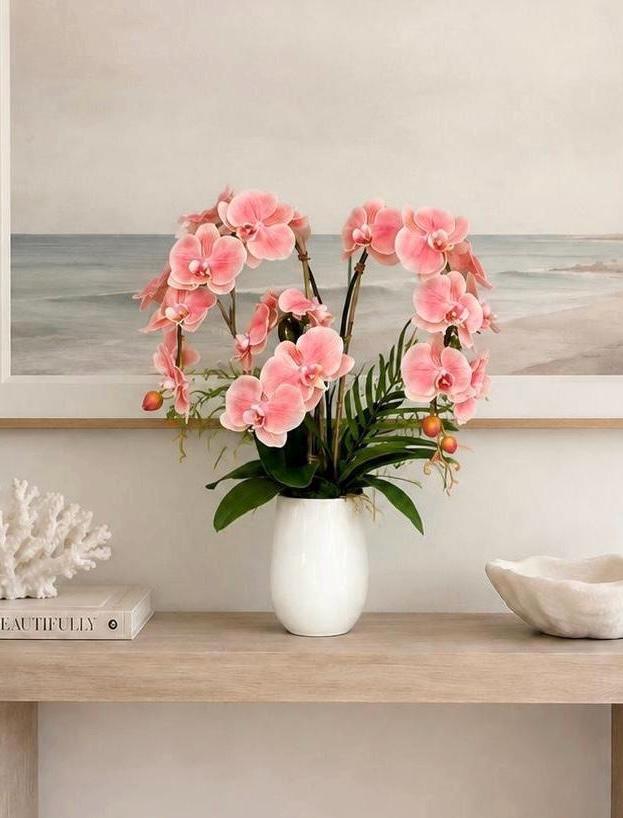 Large Coral Pink Real Touch Orchid Arrangement with Fern | Luxury Faux Orchid in Cream Ceramic Vase | Elegant Floral Centerpiece | Home Deco