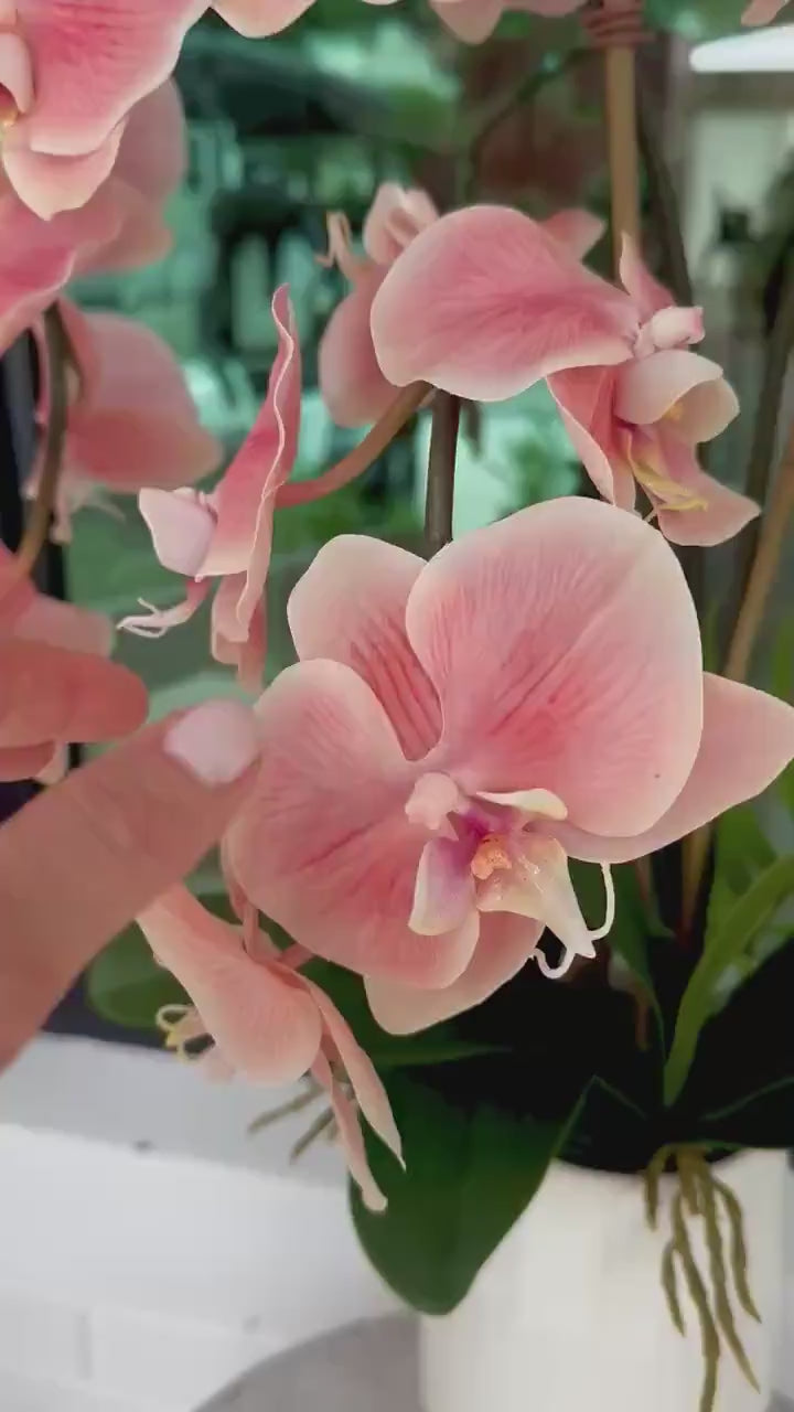 Large Coral Pink Real Touch Orchid Arrangement with Fern | Luxury Faux Orchid in Cream Ceramic Vase | Elegant Floral Centerpiece | Home Deco