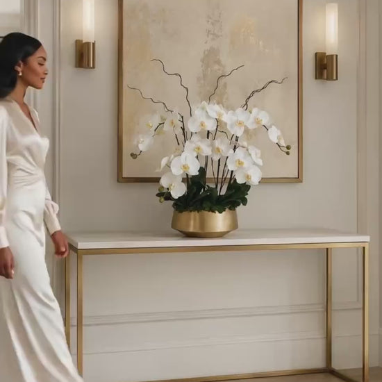 Real Touch White Orchid Centerpiece: Modern Gold Vase Arrangement