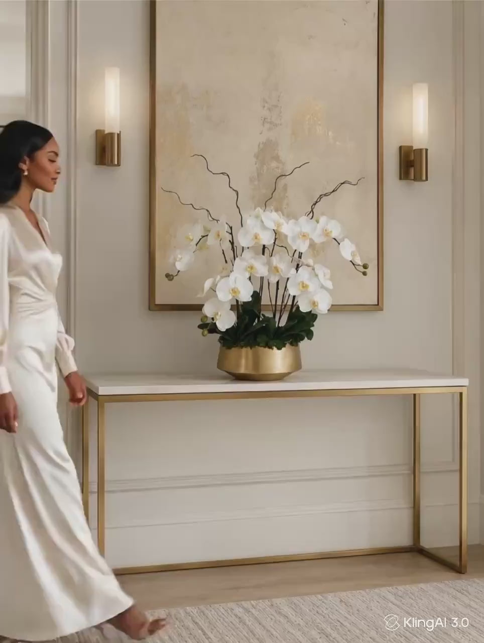 Real Touch White Orchid Centerpiece: Modern Gold Vase Arrangement