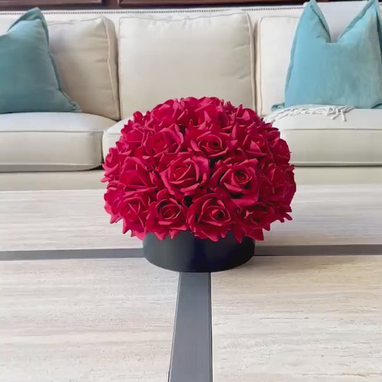 Real Touch Red Rose and Black Centerpiece: Round Artificial Floral Arrangement