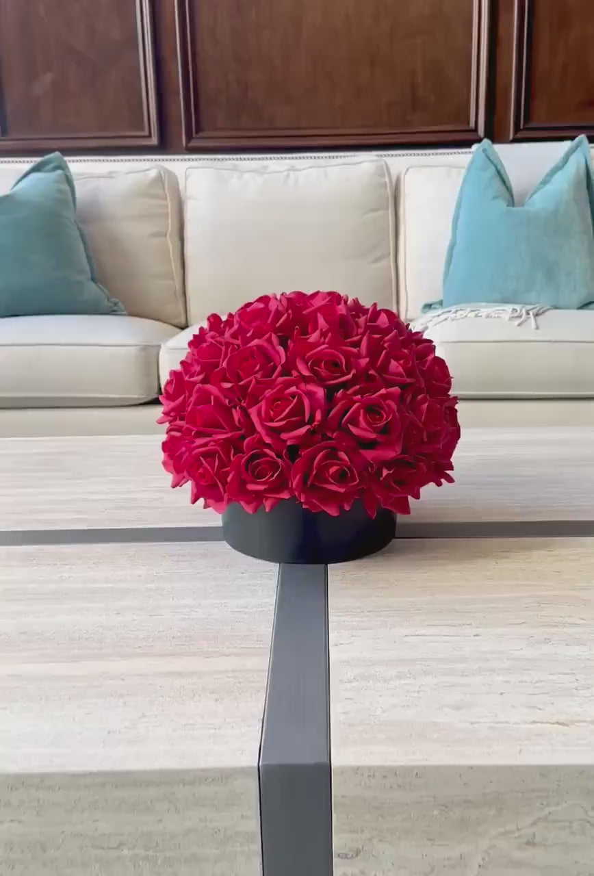 Real Touch Red Rose and Black Centerpiece: Round Artificial Floral Arrangement